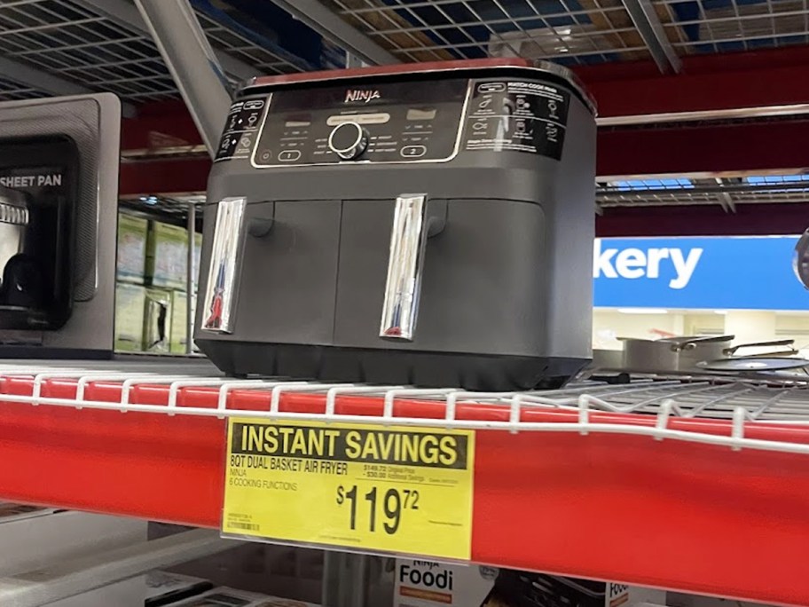 black dual-basket ninja air fryer on store shelf