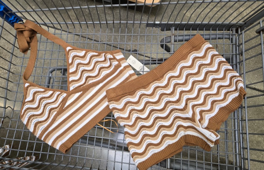 halter top and shorts displayed in shopping cart with a brown design
