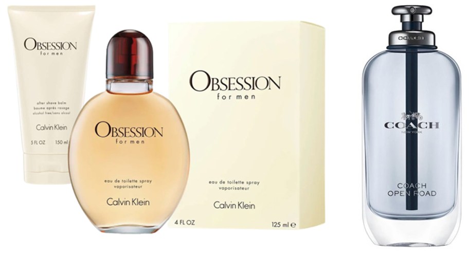Obsession for Men by Calvin Klein with a 4 oz spray and 5 oz after shave balm, and Coach Open Road Eau de Toilette in a 3.3 oz bottle.