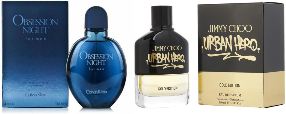 Obsession Night for Men by Calvin Klein Eau de Toilette 4oz spray and Jimmy Choo Urban Hero Gold Edition Eau de Parfum 3.3oz spray, both shown with their original packaging.