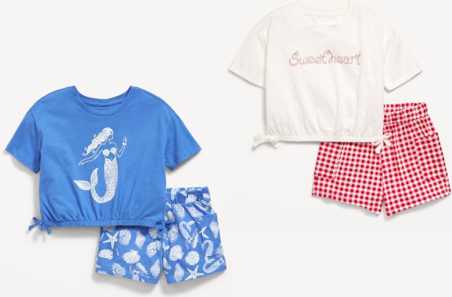 Stock images of two toddler girl Old Navy Tee and shorts sets
