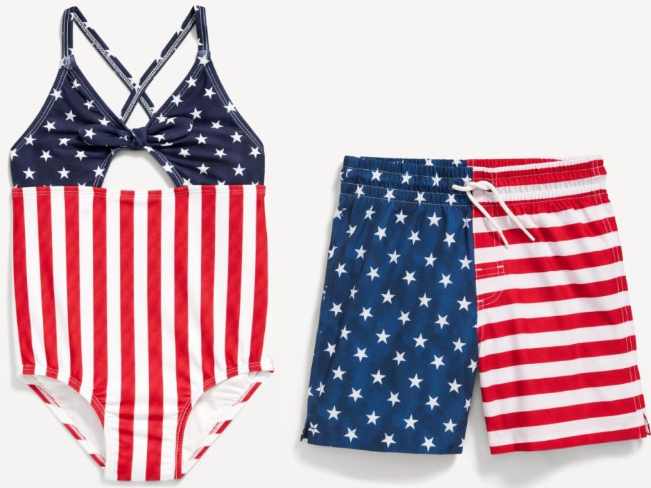 Stock images of Old Navy Patriotic Swimsuit and Swim Trunks