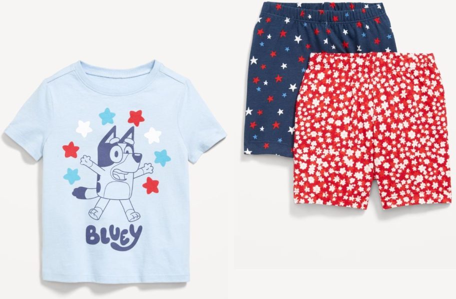 Stock images of an Old Navy Bluey Graphic Tee and Shorts for toddlers