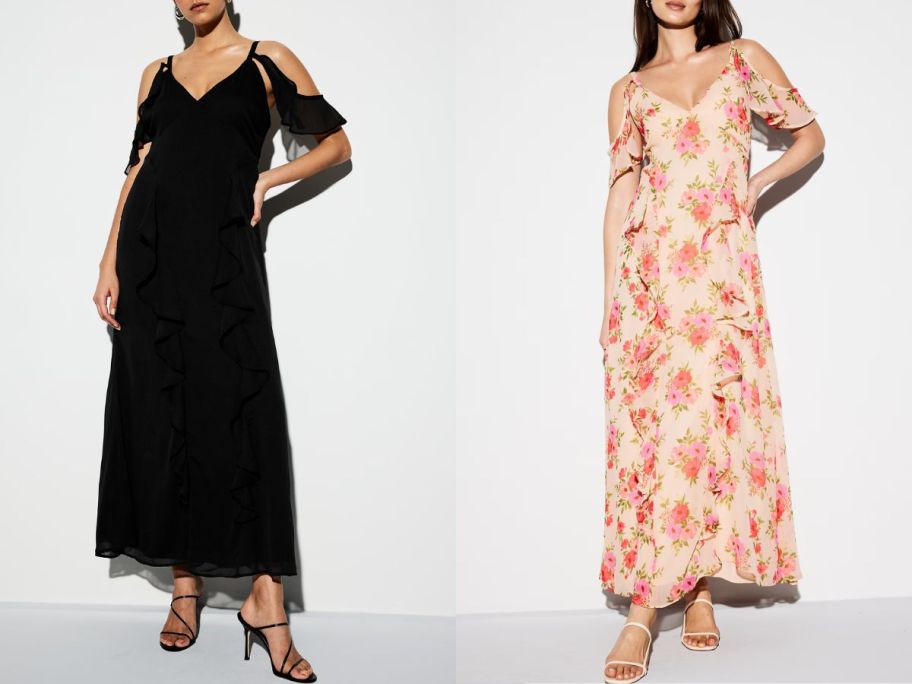 two women wearing The Occasion by Old Navy Off-Shoulder Ruffle Chiffon Maxi Dresses