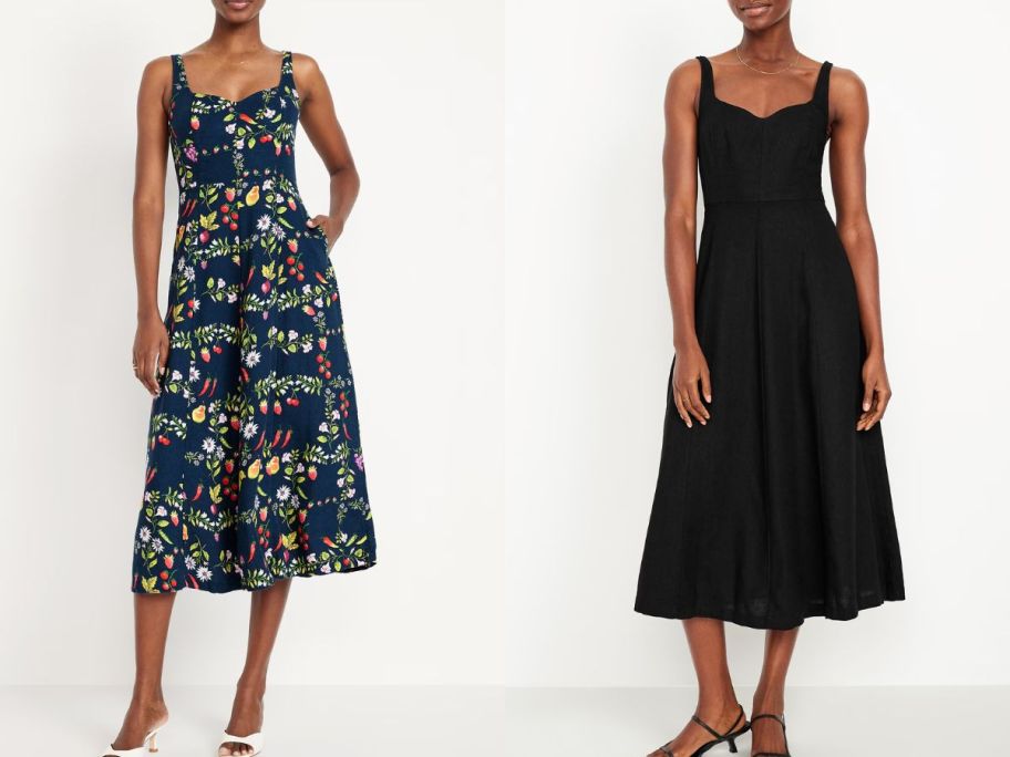 two women wearing Old Navy Fit & Flare Sleeveless Linen-Blend Midi Dresses