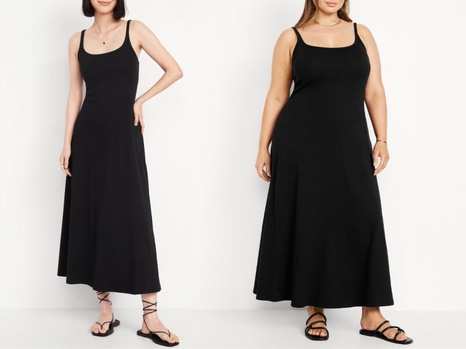 two women wearing a black old navy maxi dres