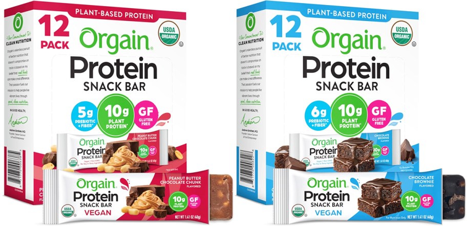 two boxes of Orgain Protein Bars in Peanut Butter Chocolate Chunk and Chocolate Brownie flavors