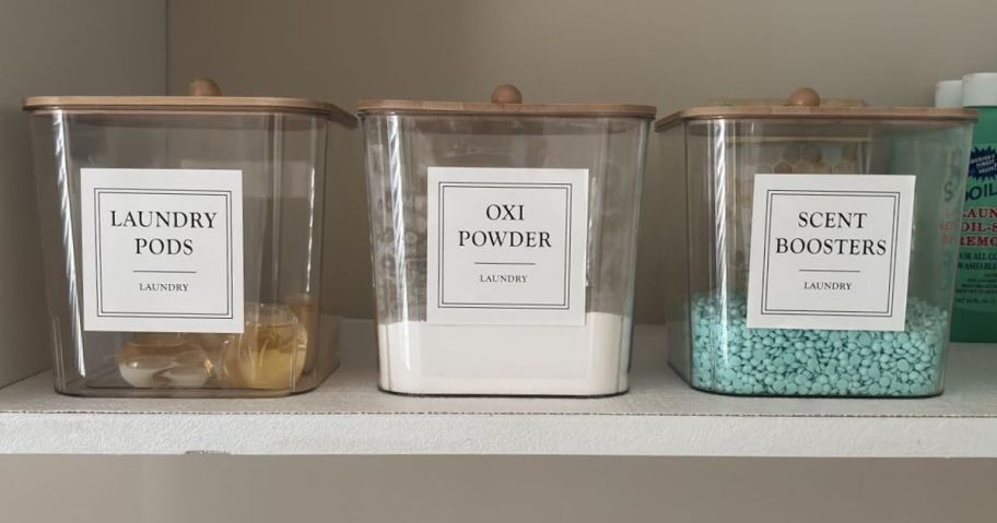 3 laundry detergent containers with bamboo lids