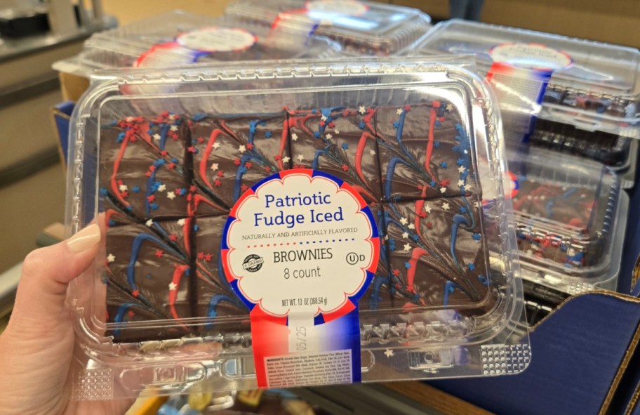 hand holding patriotic fudge brownies at an ALDIs store 