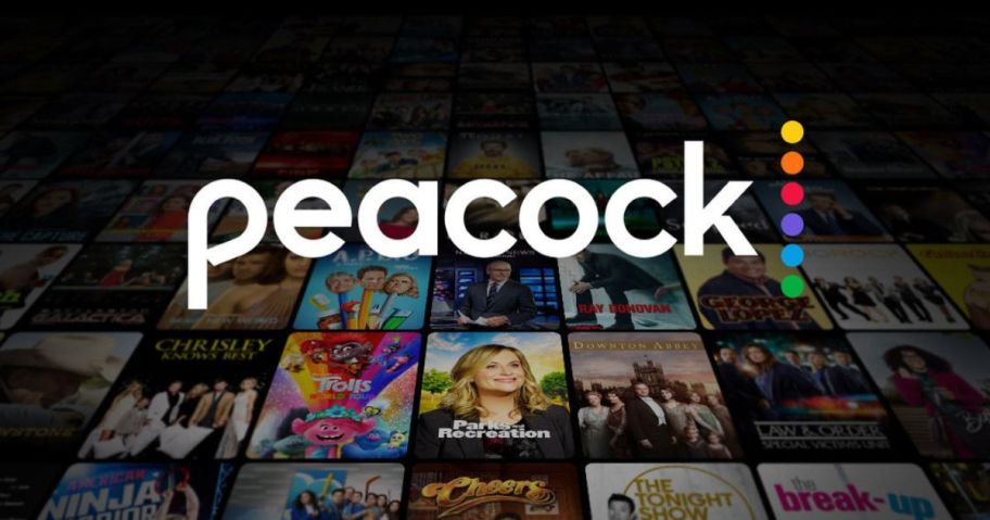 A screen with he word "peacock" on it surrounded by pictures of movies and tv shows