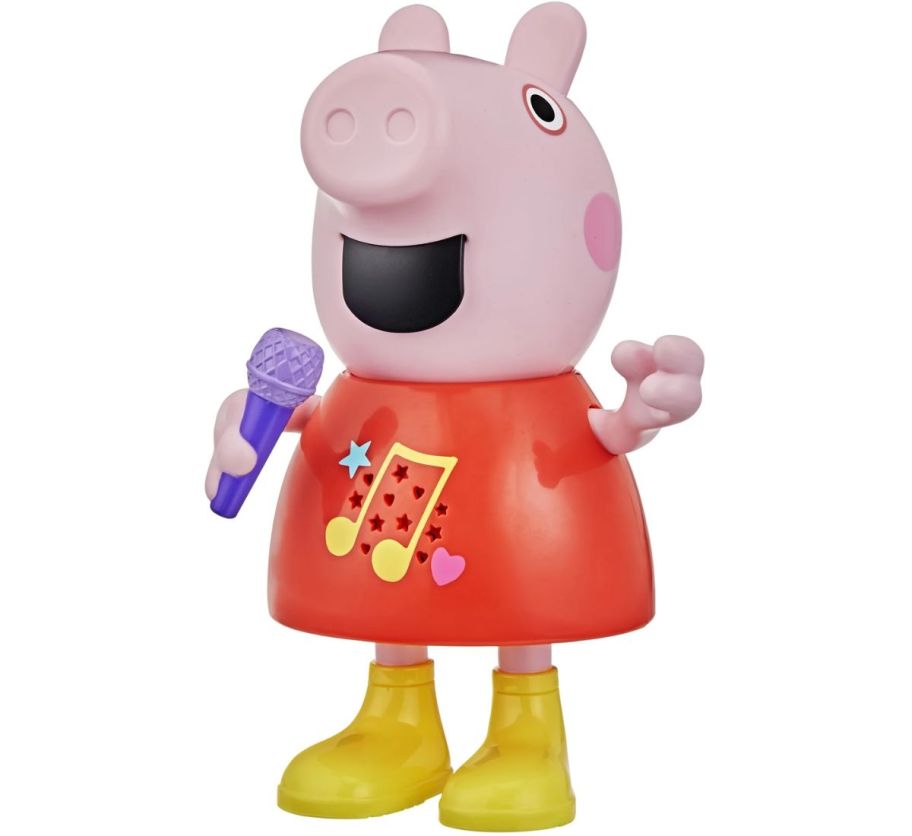 a peppa pig toy figure holding a microphone
