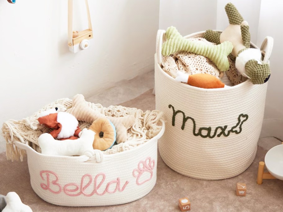 personalized white baskets filled with dog toys
