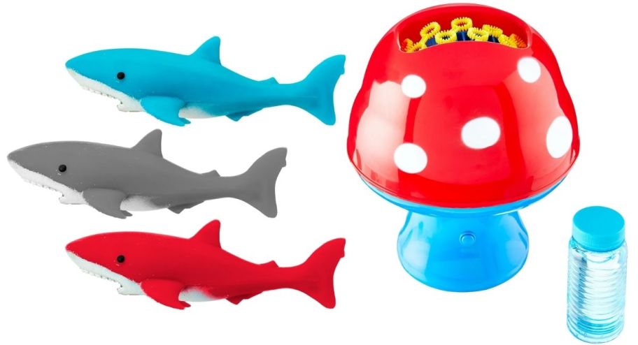 shark diving toys and a mushroom shaped bubble blowing machine