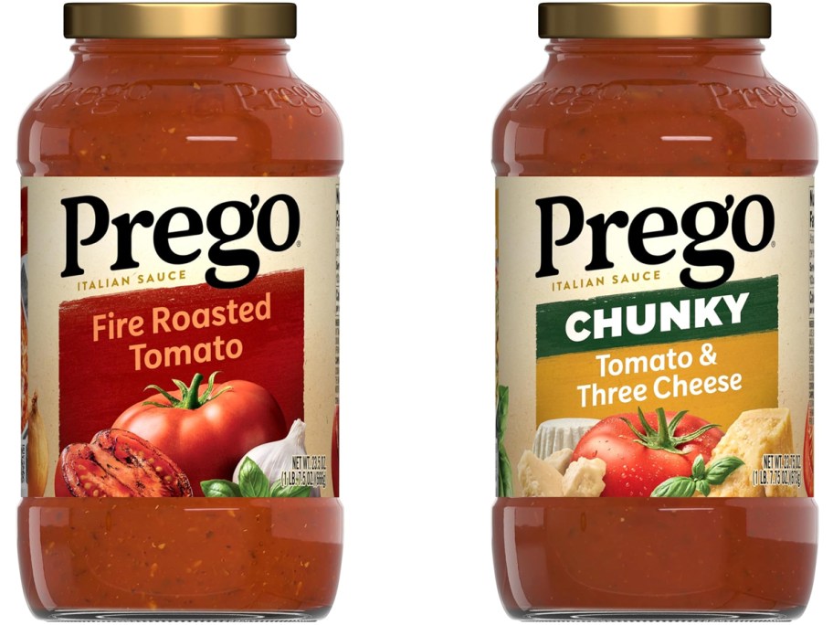 Prego Fired Roasted Tomato Pasta Sauce and Prego Chunky Tomato and Three Cheese Pasta Sauce Jars