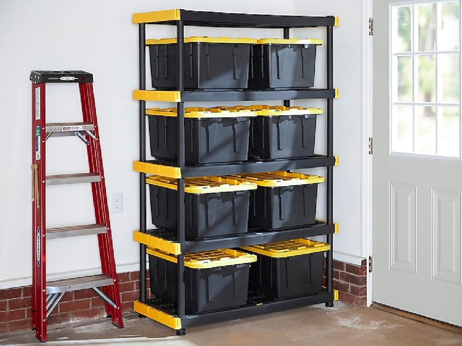 utility shelf with bins inside