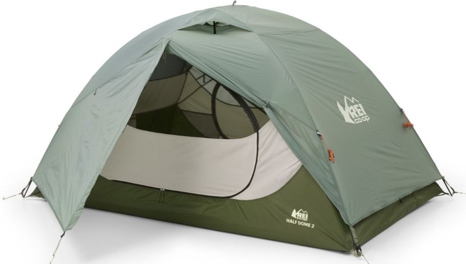 a green and beige two person tent
