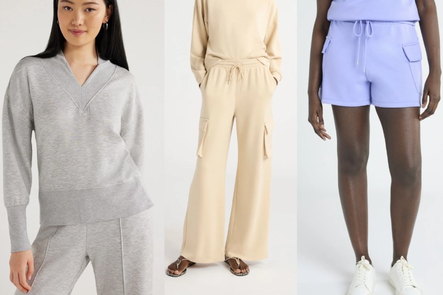 stock images of women wearing scoop scubaknit sweatshirt, cargo pants, and cargo shorts