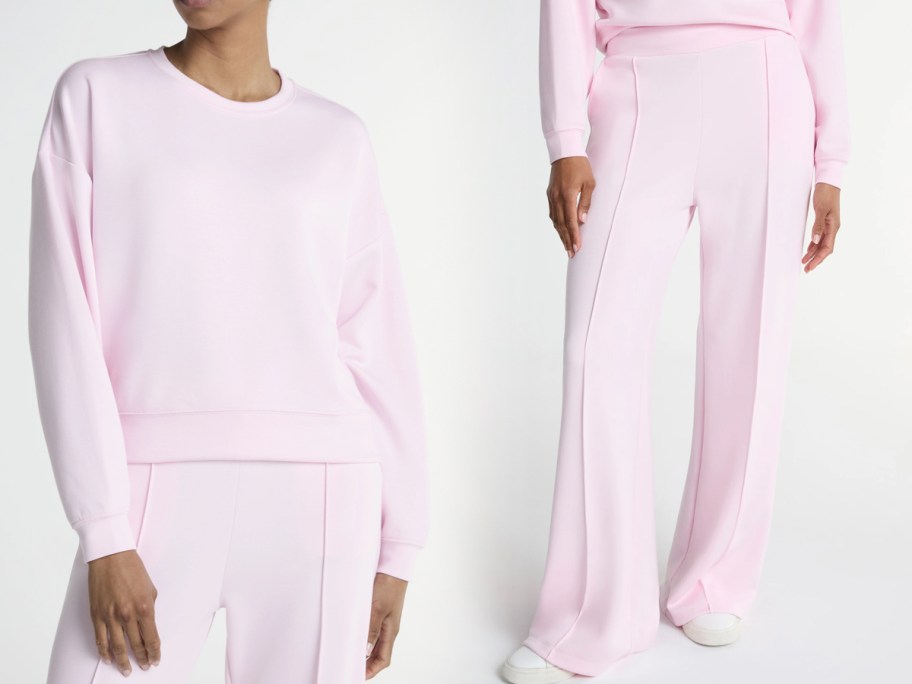 stock images of woman wearing scoop scubaknit sweatshirt and wide leg sweatpants in pink
