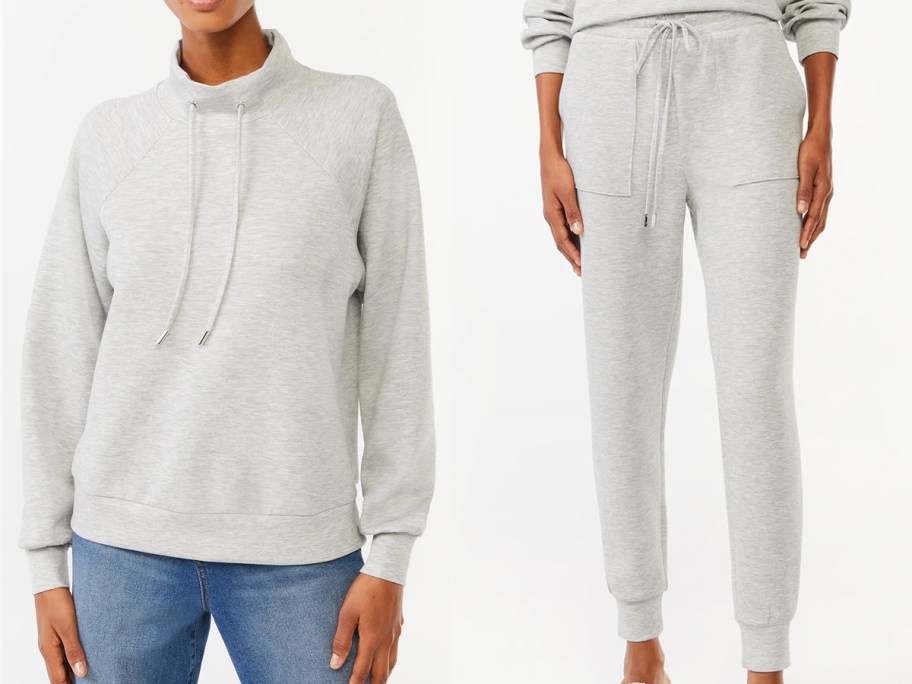 stock images of woman wearing scoop scubaknit funnel neck sweatshirt and joggers in gray