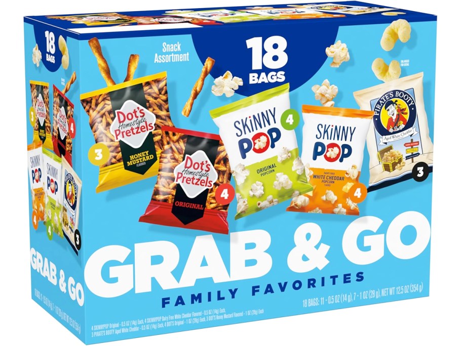 blue box of SkinnyPop, Dot's Pretzels, and Pirate's Booty snack bags