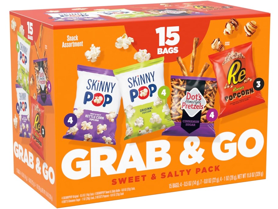 orange box of SkinnyPop, Dot's Pretzels, and Reese's Popcorn snack bags