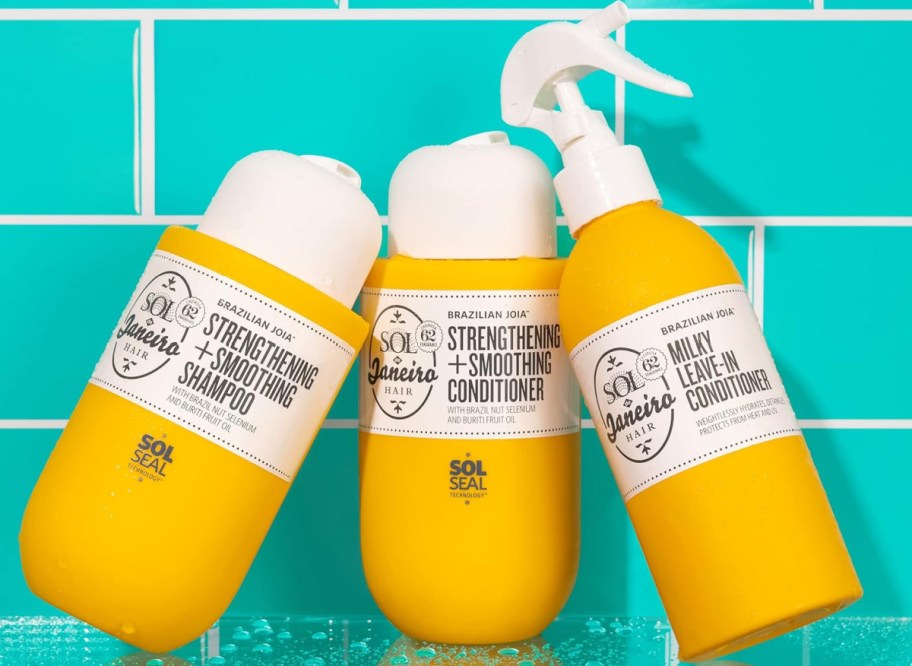 damage repair shampoo conditioner and repair mist displayed with a blue background