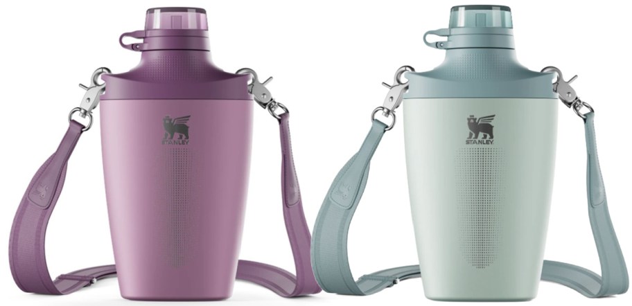 two stanley crossbody bottles in purple and mint 