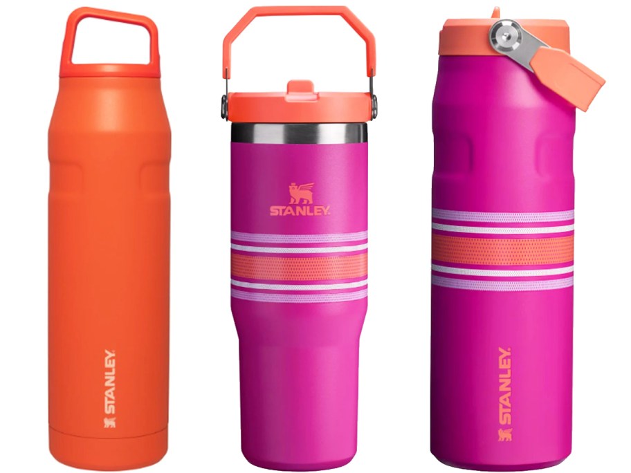 red and pink stanley water bottles