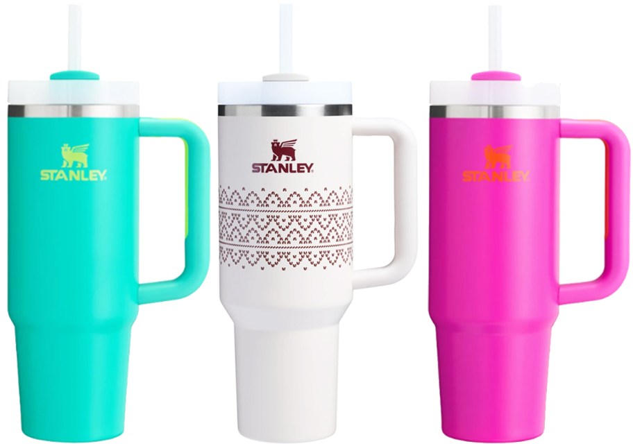teal, white, and pink stanley tumblers