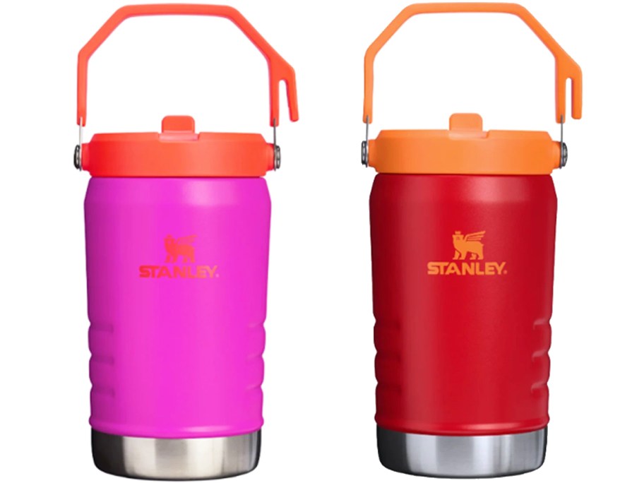 pink and red stanley water jugs