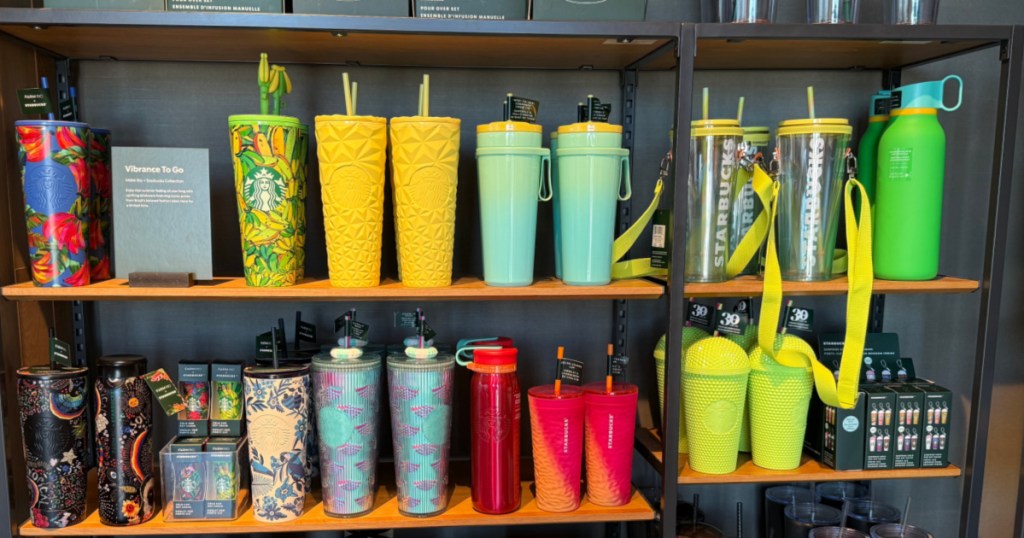 Colorful Starbucks cups on display inside restaurant