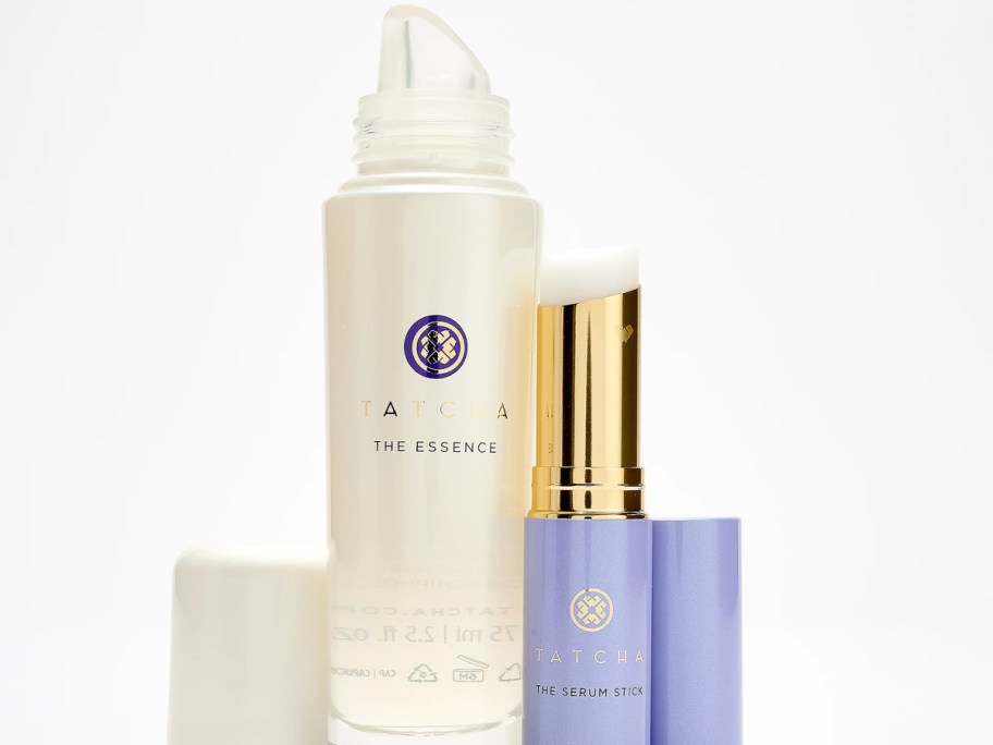 tatcha essense serum and serum stick next to each other