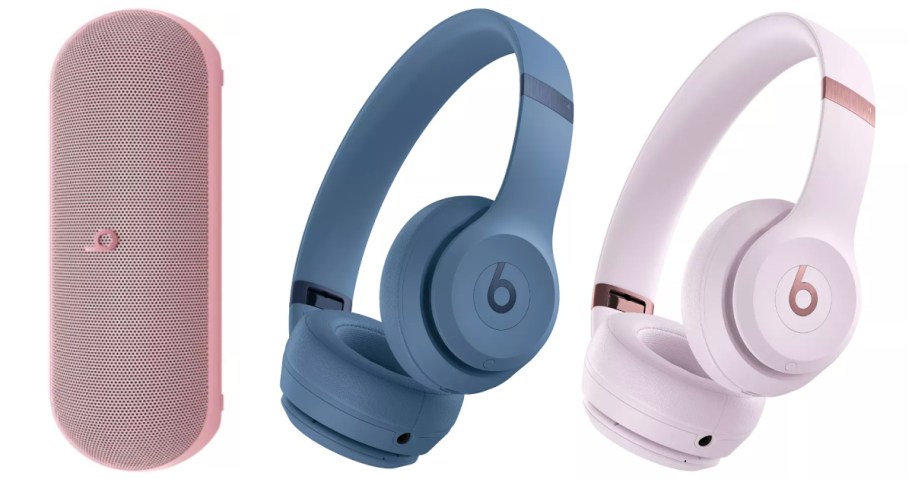 portable speakers and two pairs of headphones