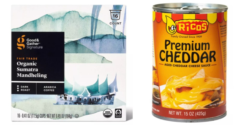 coffee pods and cheese sauce in can