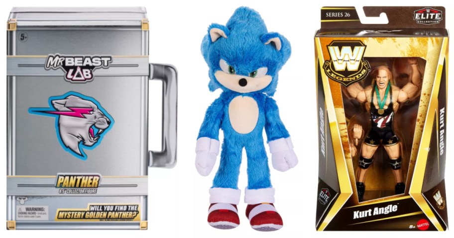 wrestling toy, hedgehog stuffed animal and silver case toy