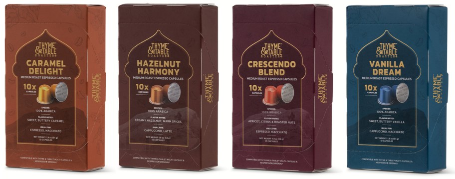 Thyme & Table Espresso Capsules packages in 4 different flavor options