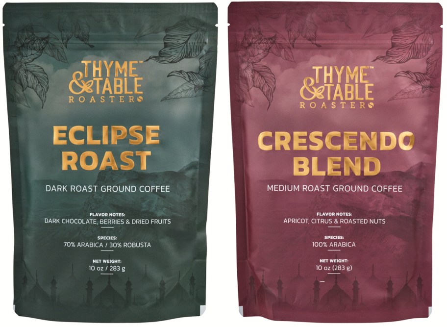 two bags of Thyme & Table Ground Coffee in two flavors