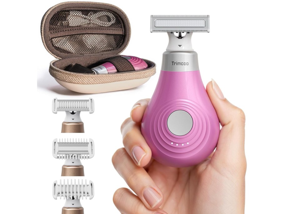 A compact, pink Trimcoo electric bikini trimmer is held in a hand, showcasing its ergonomic design and simple control button. The image also displays the full set, including multiple interchangeable trimming heads and a zippered storage case with organized compartments, highlighting its portability and versatility for grooming.