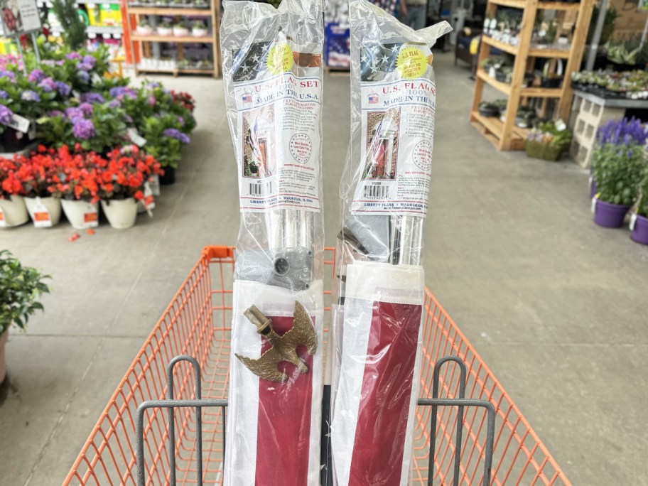 American flag kits in orange shopping cart at Home Depot