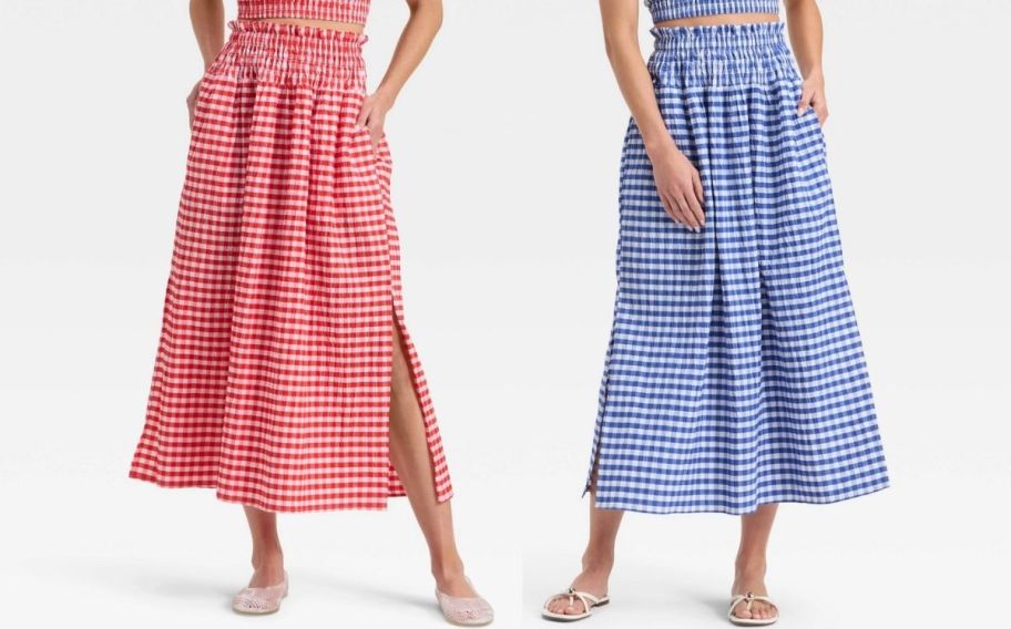 a model in a tiered red and white gingham check skirt and one in a blue and white version