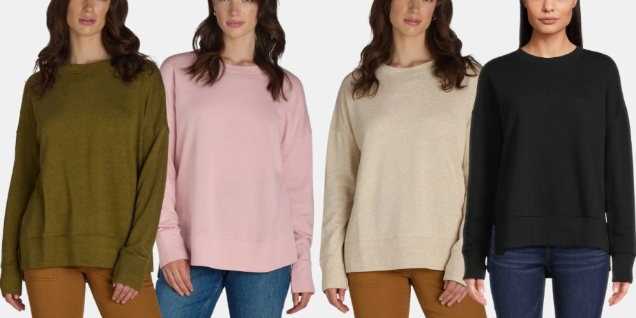 4 women wearing different color crewneck sweatshirts and pants