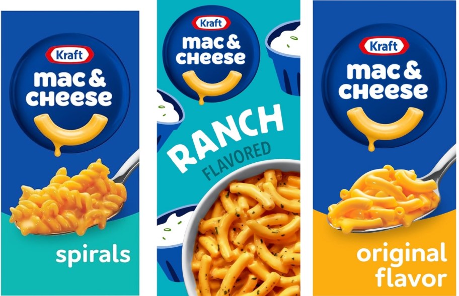 3 boxes of Kraft Mac & Cheese, spirals, ranch, and original