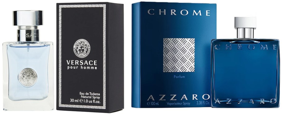 Versace Pour Homme Eau de Toilette 1oz spray and Chrome Azzaro Parfum 3.3oz spray, each shown with their signature packaging and sleek blue bottles.
