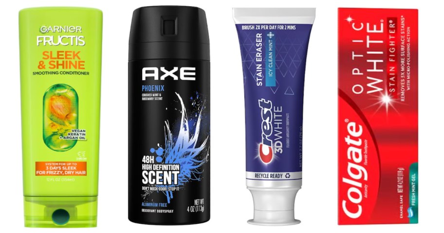 shampoo, body spray and two tubes of toothpaste