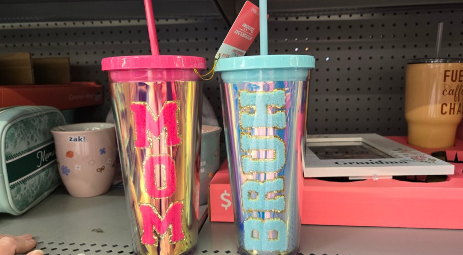 display of Way to Celebrate Mother's Day tumblers in pink and blue