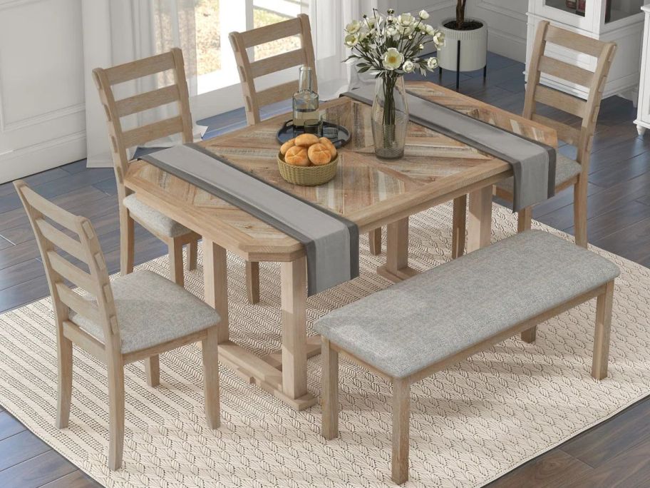 Gracie Oaks Sharees 6-Piece Trestle Dining Set with a table, 4 chairs and an upholstered bench