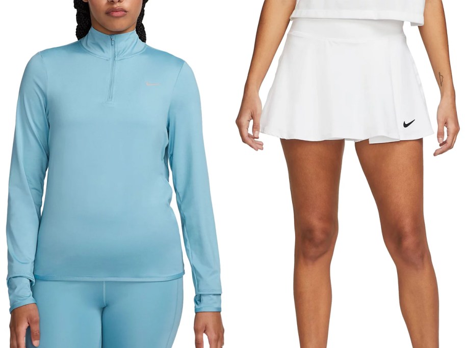 Woman wearing a turquoise Nike Dri-FIT Swift Element UV 1:2-Zip Running Top and woman wearing a white Nike NikeCourt Dri-FIT Victory Skirt