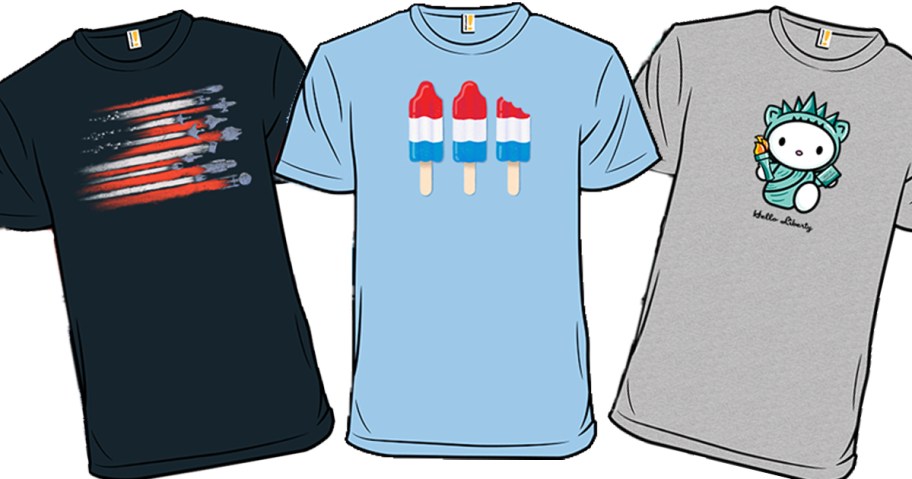 black, blue, and grey patriotic graphic tees