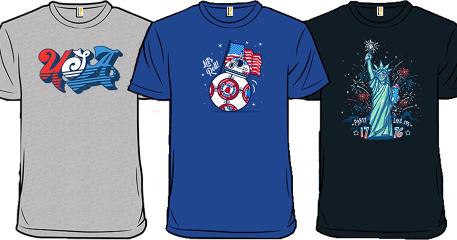 grey, blue, and black patriotic graphic tees