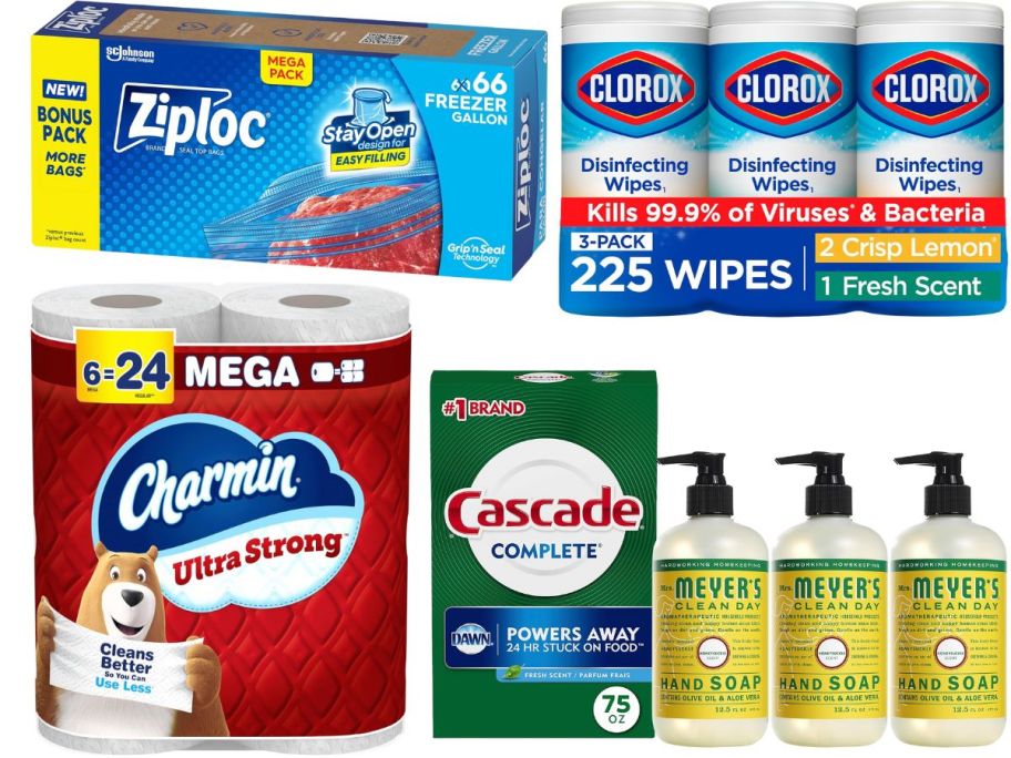 A collage of household products: Ziplock, Charmin, Cascade, Clorox, and Mrs. Meyer's Hand Soap
